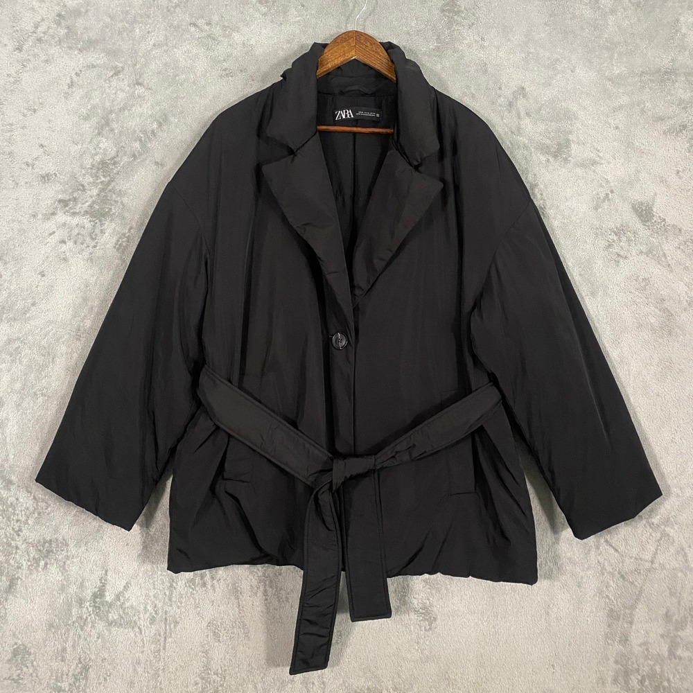 Zara Puffer Jacket XL Black Belted Wrap Notched Lapel Lightweight Minimalist